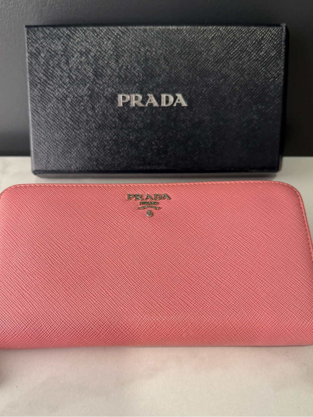 Prada Rose Pink Saffiano Zip Wallet with Gold Logo